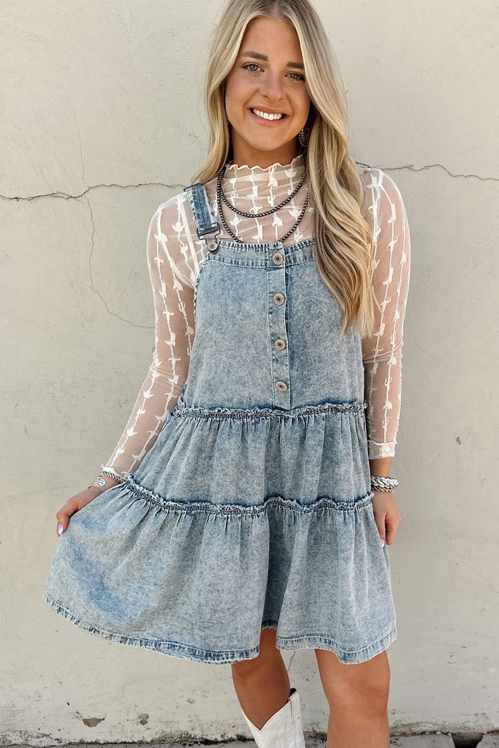 Dusk Blue Light Wash Tiered Flowy Overall Denim Dress