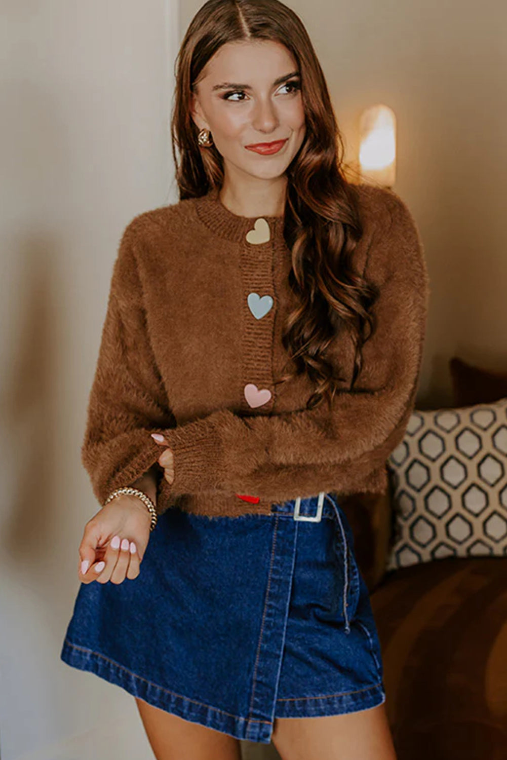 Coffee Contrast Heart Button Plush Knit Sweater Cardigan