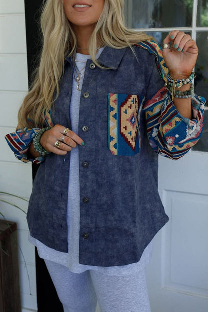 Dirty blue Aztec Print Patchwork Button Down Corduroy Shacket