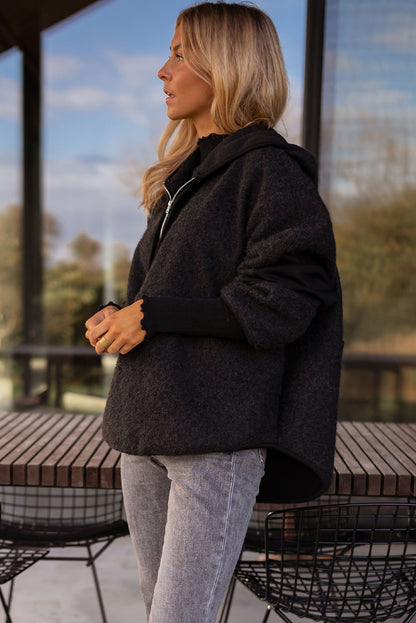 Black Woolen Blend Uneven Hem Half Zipped Pullover Baggy Hoodie