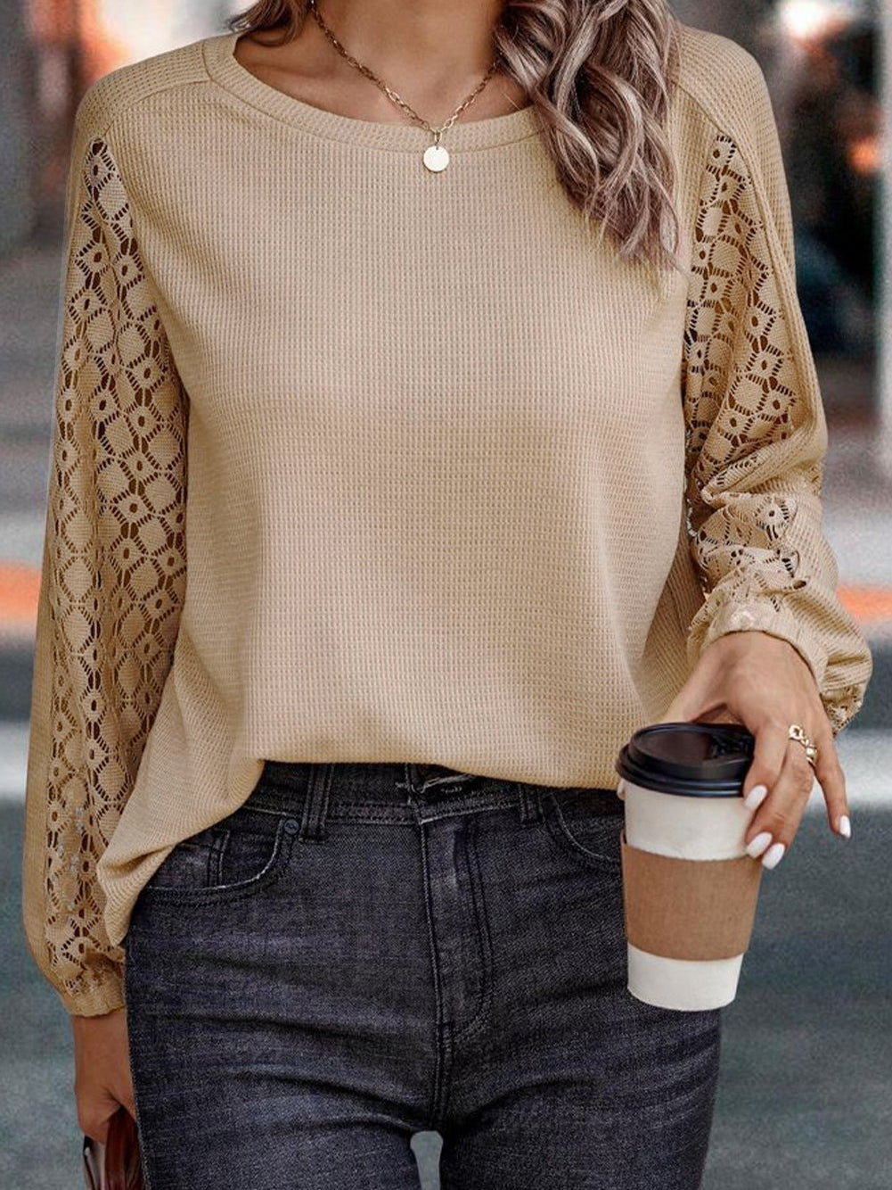 Elegant Khaki Lace Patch Waffle Knit Blouse