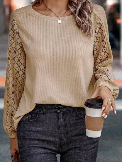 Elegant Khaki Lace Patch Waffle Knit Blouse