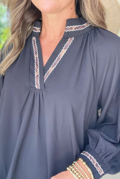 Black Contrast Trim V Neck Bracelet Sleeve Shift Mini Dress