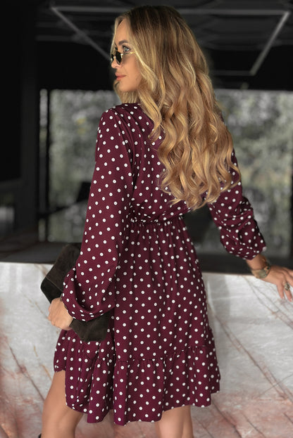 Violet Polka Dot Long Sleeve Wrap V Neck Ruffle Hem Mini Dress