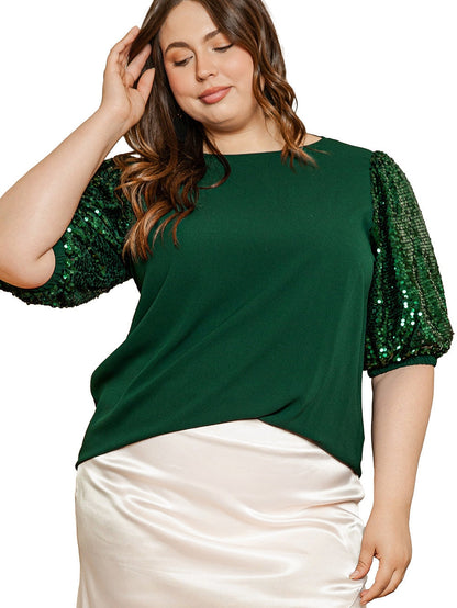 Blackish Green Plus Size Sequin Short Puff Sleeve Top