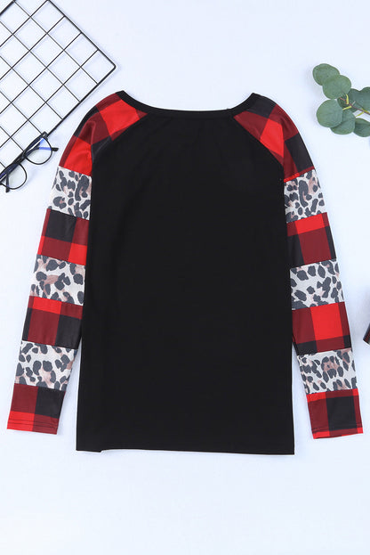 Elegant Black Off Shoulder Plaid & Leopard Long Sleeve Blouse