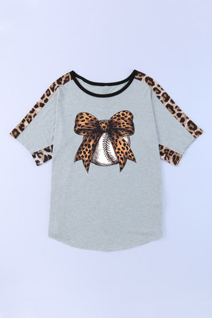 Gray Leopard Bowknot Baseball Graphic Contrast Crewneck Tee