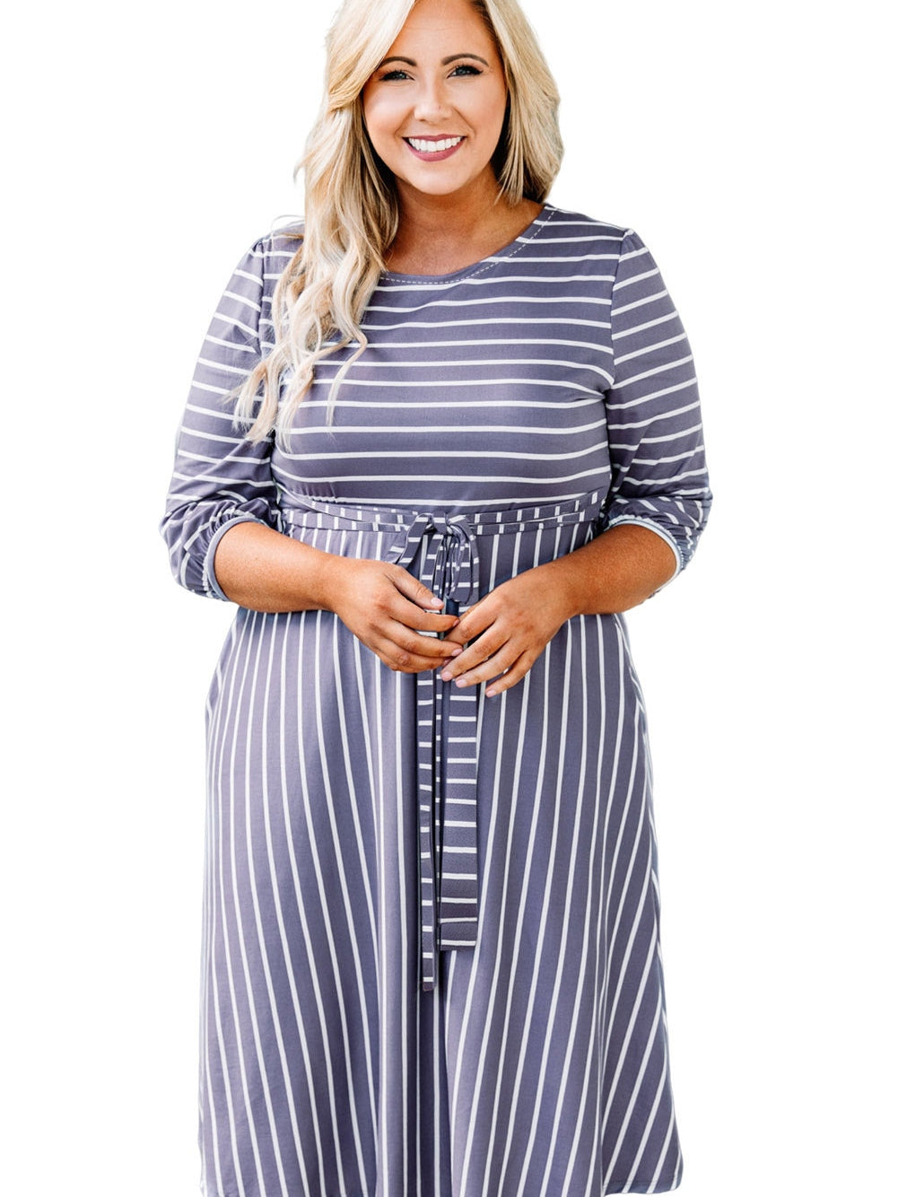 Elegant Gray Striped Tie Waist Midi Dress for Plus Size Women