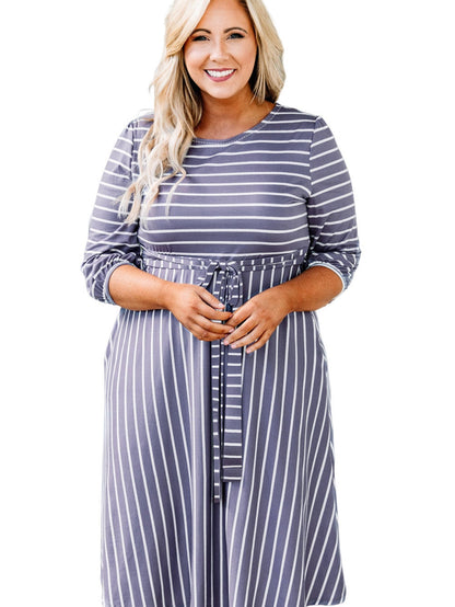 Elegant Gray Striped Tie Waist Midi Dress for Plus Size Women
