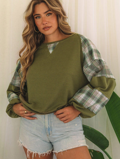 Green Plaid Bubble Sleeve Waffle Knit Patchwork Top