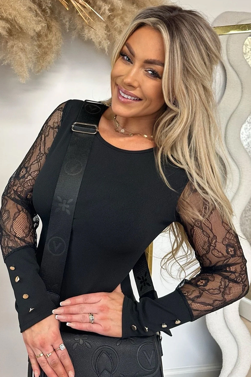 Black Round Neck Ribbed Knit Sheer Lace Patchwork Long Sleeve Top