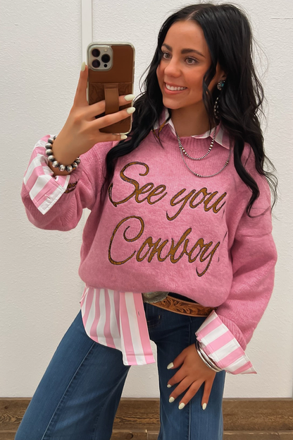 Peach Blossom See You Cowboy Embroidered Western Graphic Sweater