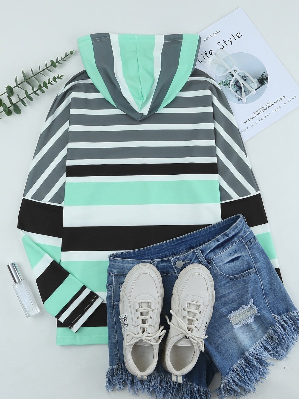 Green Striped Pullover Hooded Sweatshirt