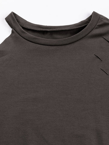 Grey Asymmetric Distressed Cold Shoulder Sweater