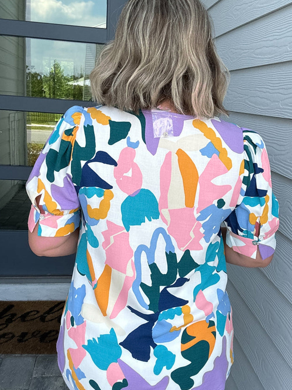 Sky Blue Geometric Print Puff Sleeve V Neck Top for Curvy Fashionistas