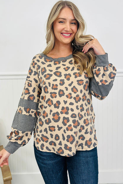 Beige Leopard Print Drop Shoulder Color Block Long Sleeve Top