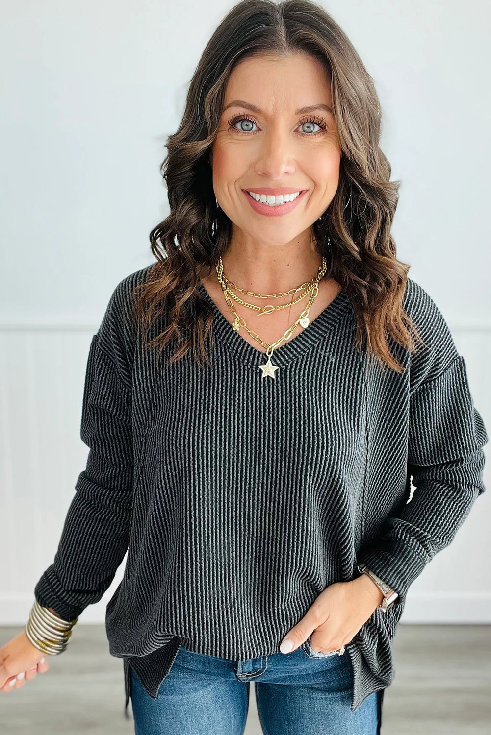 Carbon Grey Twisted Ribbed Exposed Seam V Neck Long Sleeve Top