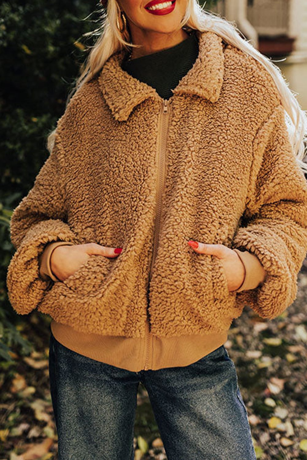 Light French Beige Collar Zip Up Pocketed Sherpa Jacket