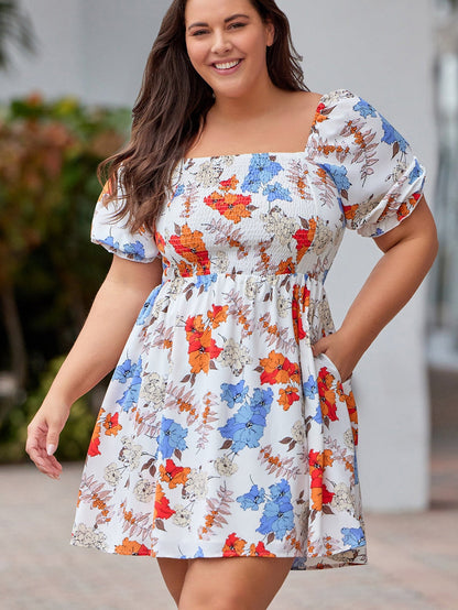 White Floral Smocked Flared Plus Size Dress