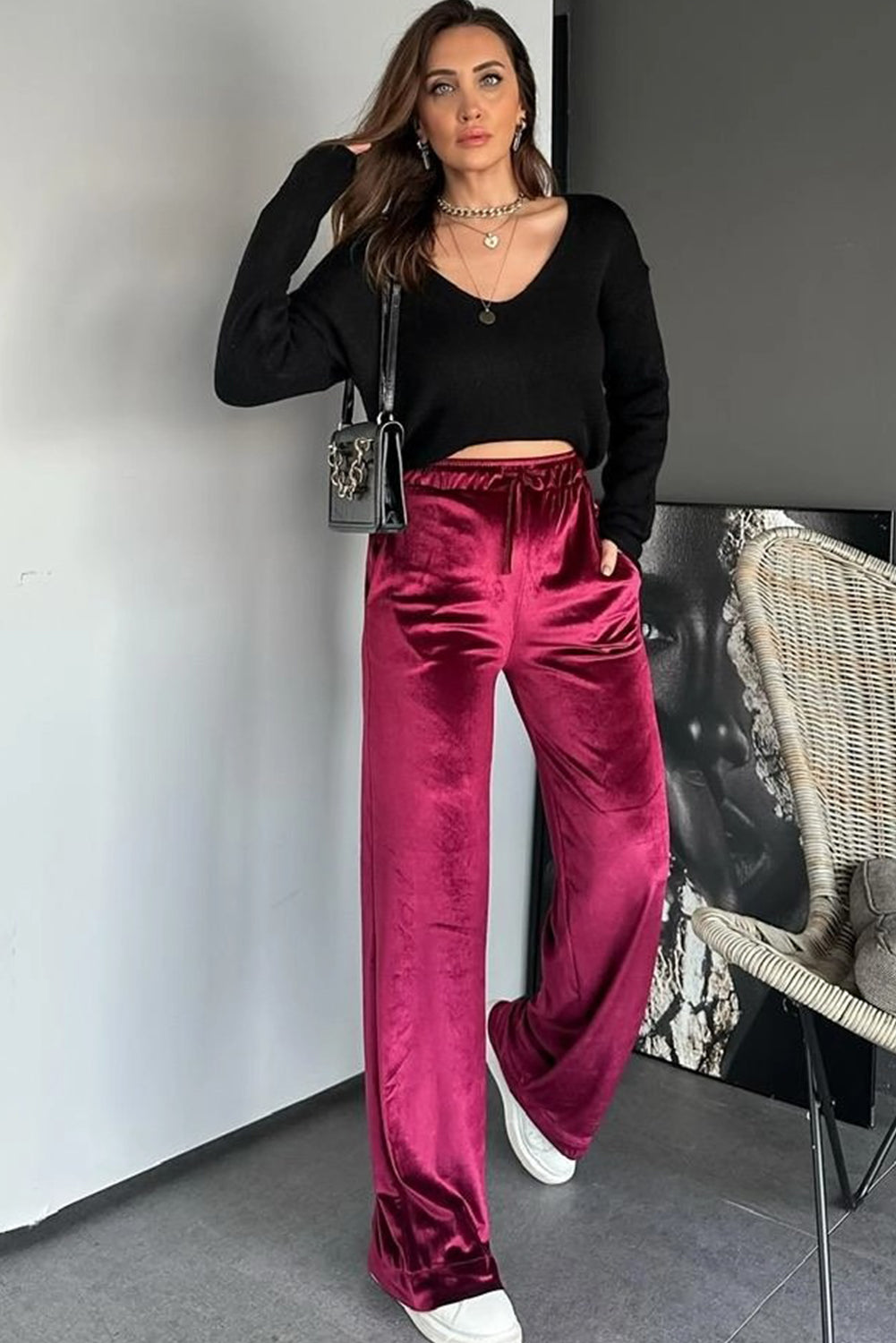 Pitaya Pink Shiny Velvet Drawstring High Waist Straight Leg Casual Pants