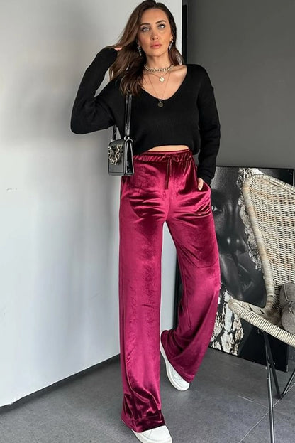 Pitaya Pink Shiny Velvet Drawstring High Waist Straight Leg Casual Pants