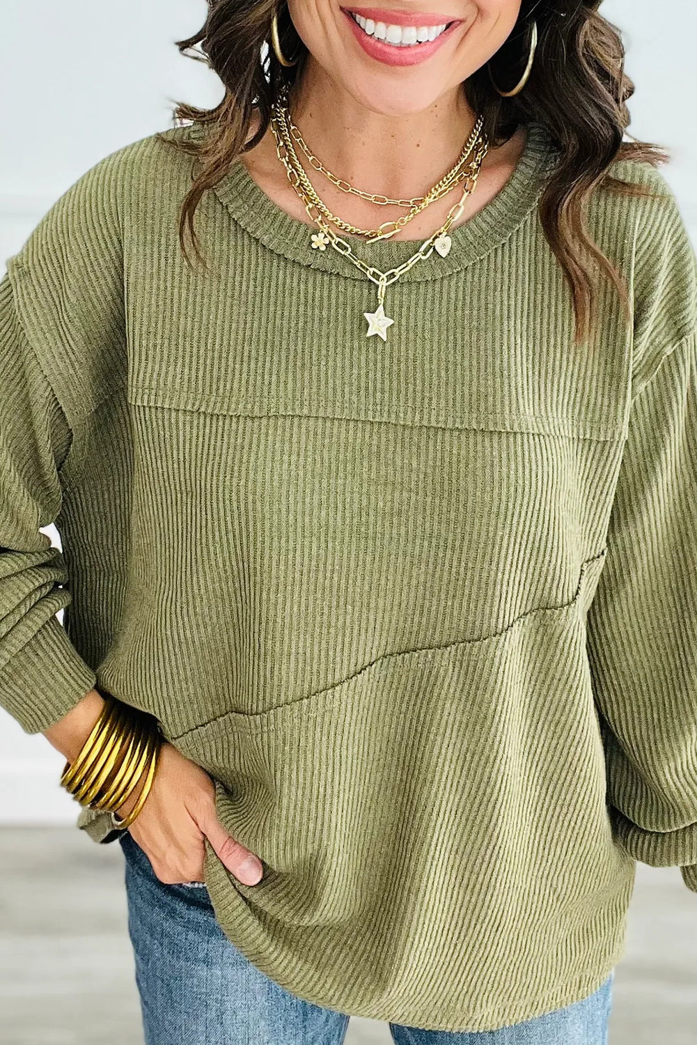 Laurel Green Solid Color Ribbed Knit Exposed Seam Patchwork Long Sleeve Top