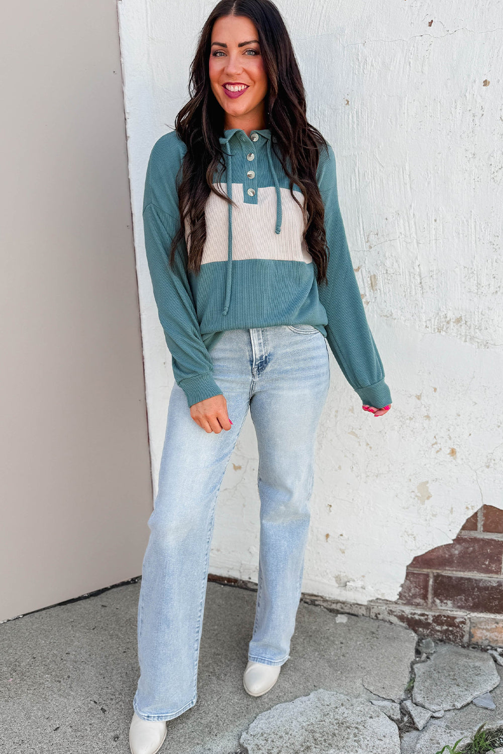 Canton Color Block Ribbed Knit Button Neck Drop Shoulder Hoodie