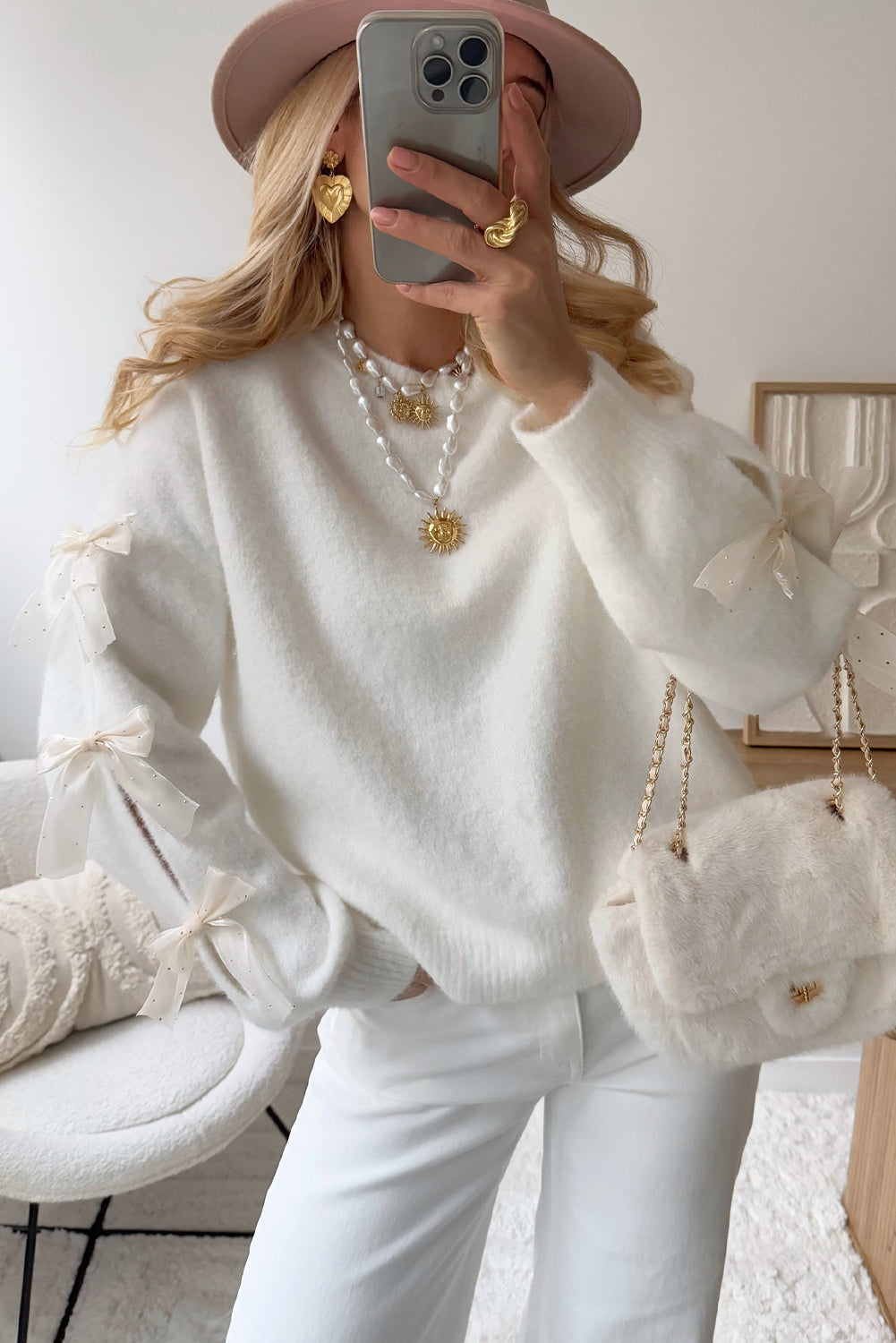White Solid Color Knit Rhinestone Ribbon Bow Sleeve Decor Loose Sweater