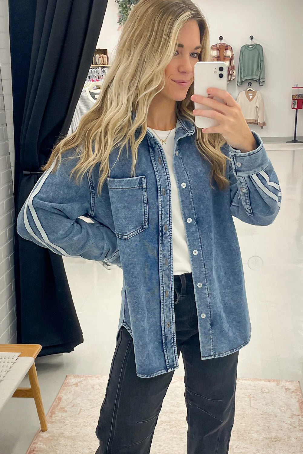 Myosotis Varsity Striped Detail Button Down Loose Denim Jacket