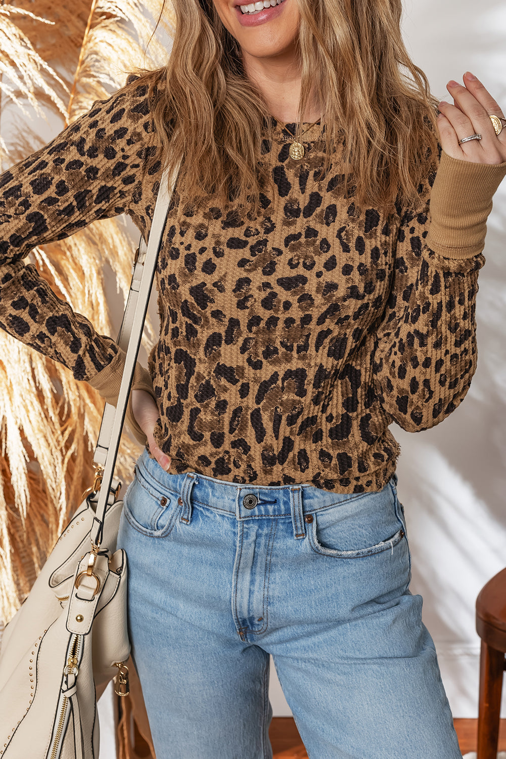 Khaki Leopard Thumb Hole Slim Long Sleeve Tee