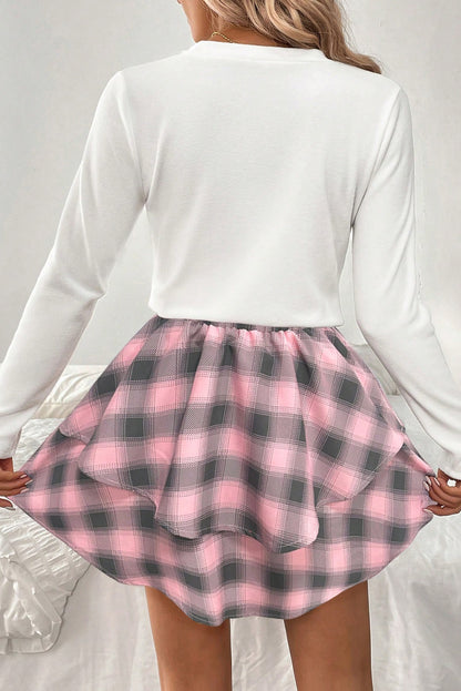 Pink Long Sleeve Tee Plaid Bow Decor Ruffle Mini Skirt 2pcs Set