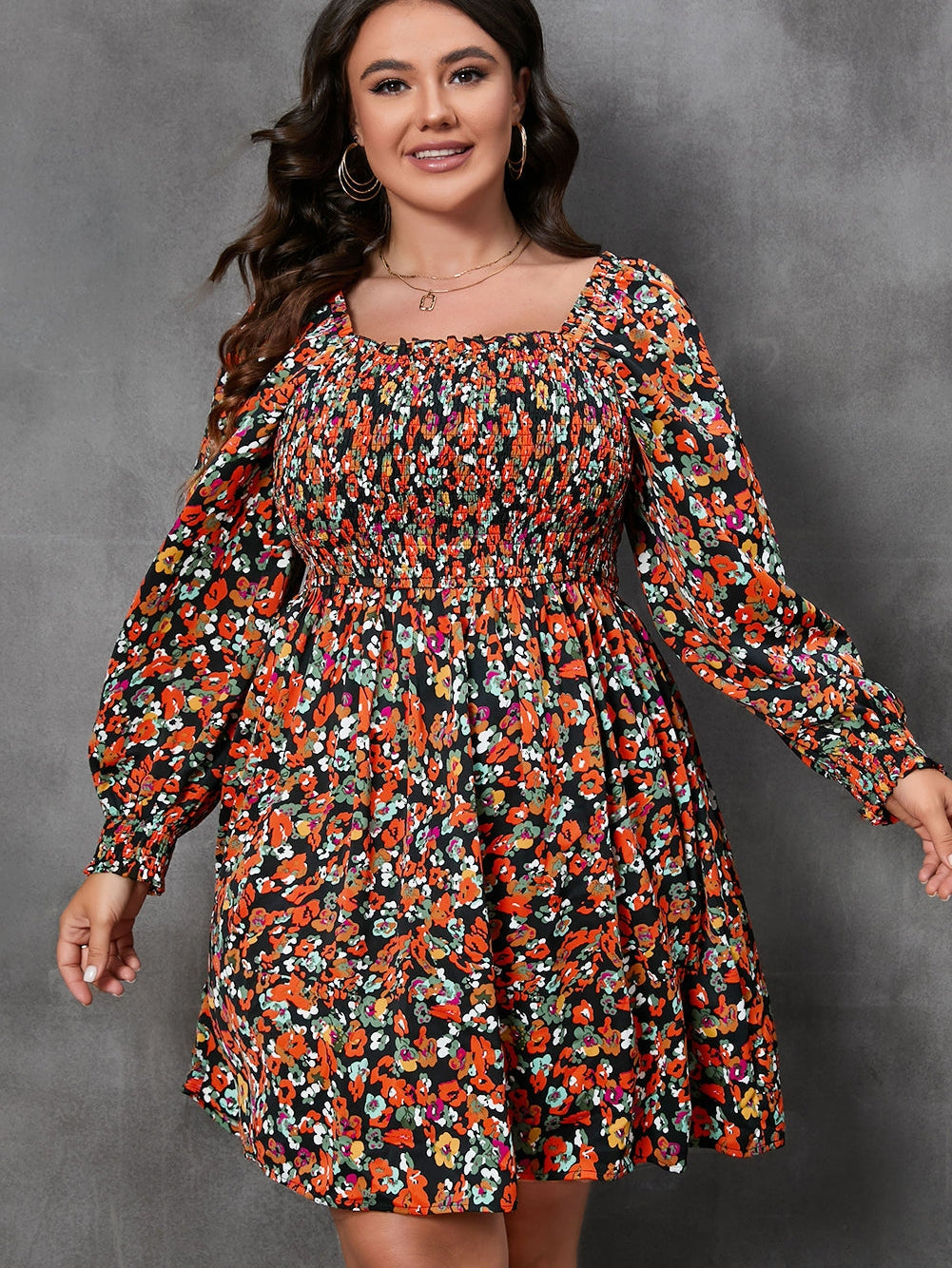 Multicolored Smocked Floral A-Line Dress with Long Sleeves
