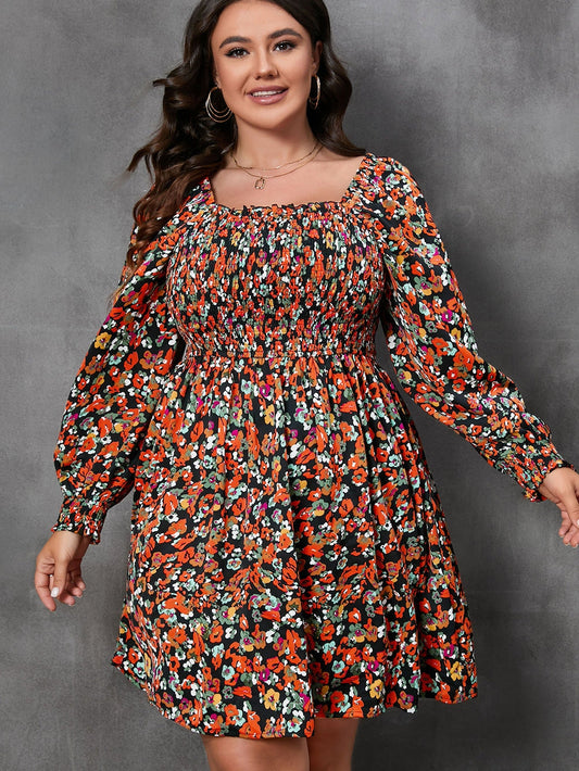 Multicolored Smocked Floral A-Line Dress with Long Sleeves