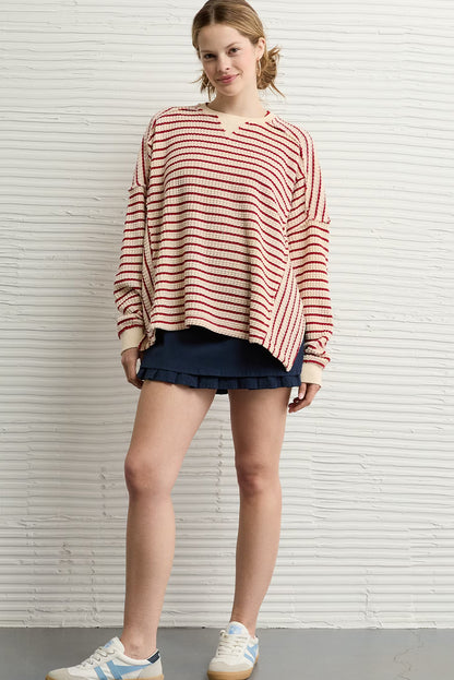 Red Stripe Ribbed Patchwork Drop Shoulder Side Slit Oversize Sweatshirt