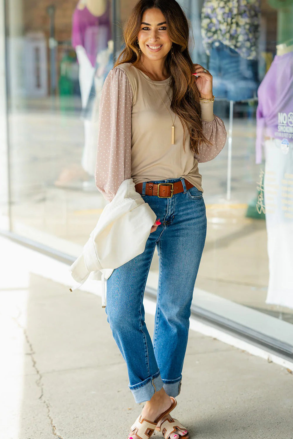 Parchment Polka Dot Chiffon Long Sleeve Patchwork Round Neck Blouse