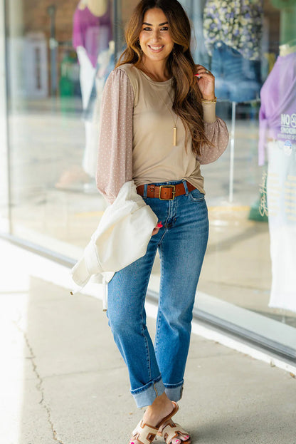 Parchment Polka Dot Chiffon Long Sleeve Patchwork Round Neck Blouse