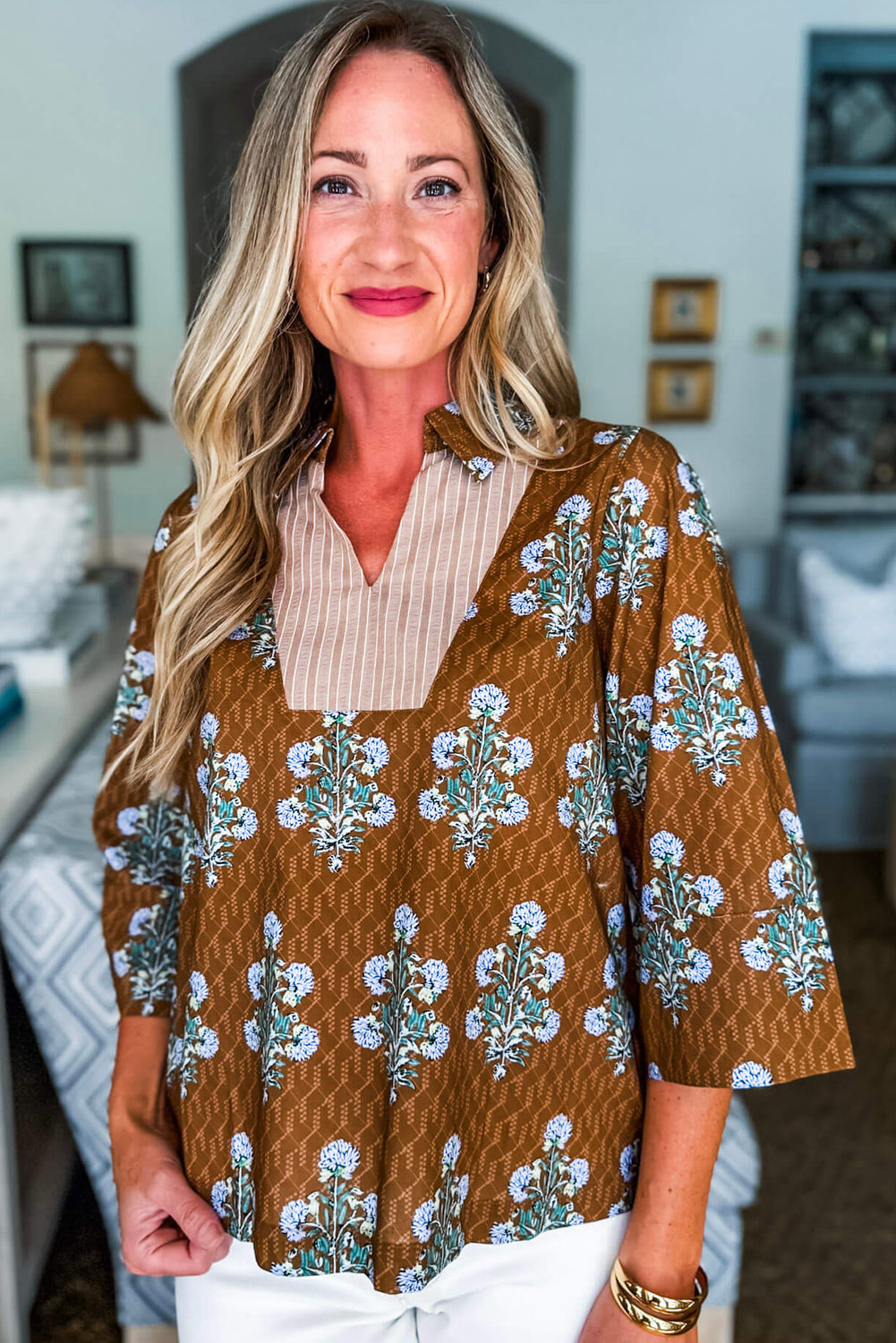 Brown Floral Print 3/4 Sleeve Contrast V Neck Patchwork Blouse