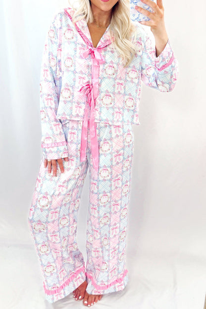 Pink Bow Wreath Pattern Christmas Holiday Tied Front Long Sleeve 2pcs Pajama Set
