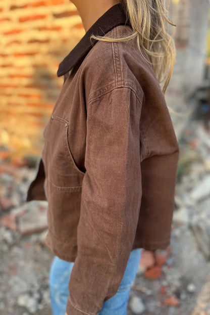 Coffee Corduroy Collar Zipped Front Denim Jacket