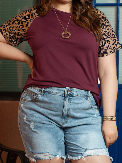 Leopard Print Raglan Sleeve Burgundy Plus Size Tee