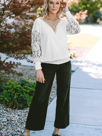 Elegant White Guipure Lace V-Neck Winter Top