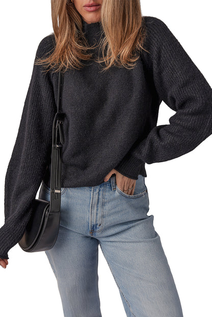 Black Solid Ribbed Knit High Neck Raglan Sleeve Sweater