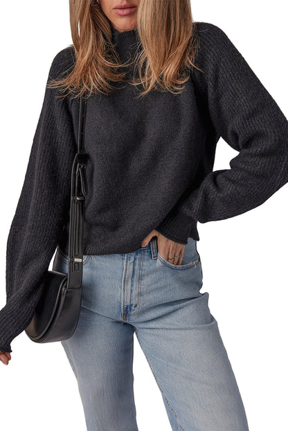 Black Solid Ribbed Knit High Neck Raglan Sleeve Sweater