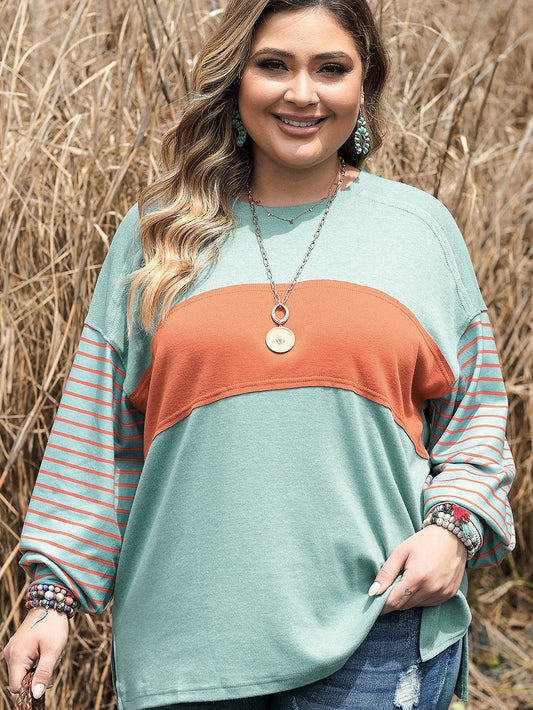Green Plus Size Striped Long Sleeve Colorblock Tee with Slits