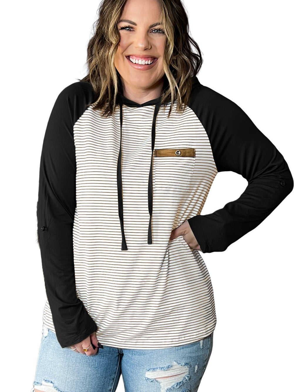 Cozy Black Striped Raglan Hoodie with Buttoned Pocket for Curvy Fashionistas