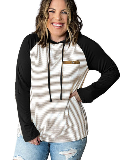 Cozy Black Striped Raglan Hoodie with Buttoned Pocket for Curvy Fashionistas