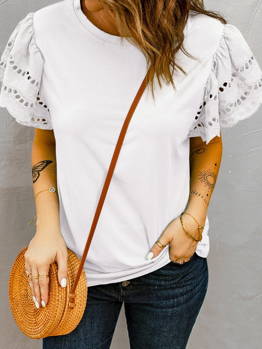 Elegant White Ruffle Sleeve Tee with Cut-Out Design