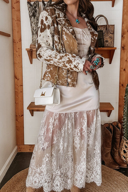 White Satin Lace Patchwork Spaghetti Straps Maxi Dress