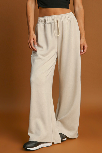 Apricot Loop Drawstring Elastic Waistband Casual Wide Leg Pants