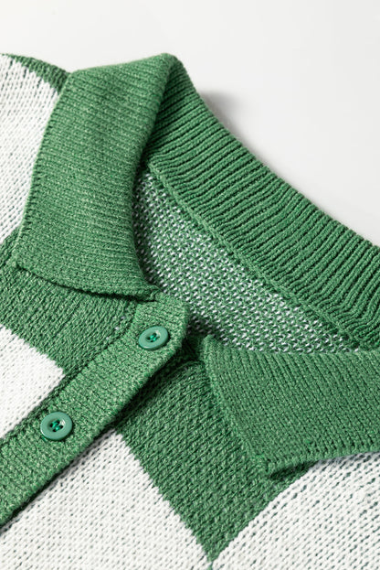 Mist Green Checkered Pattern Polo Collar Loose Sweater